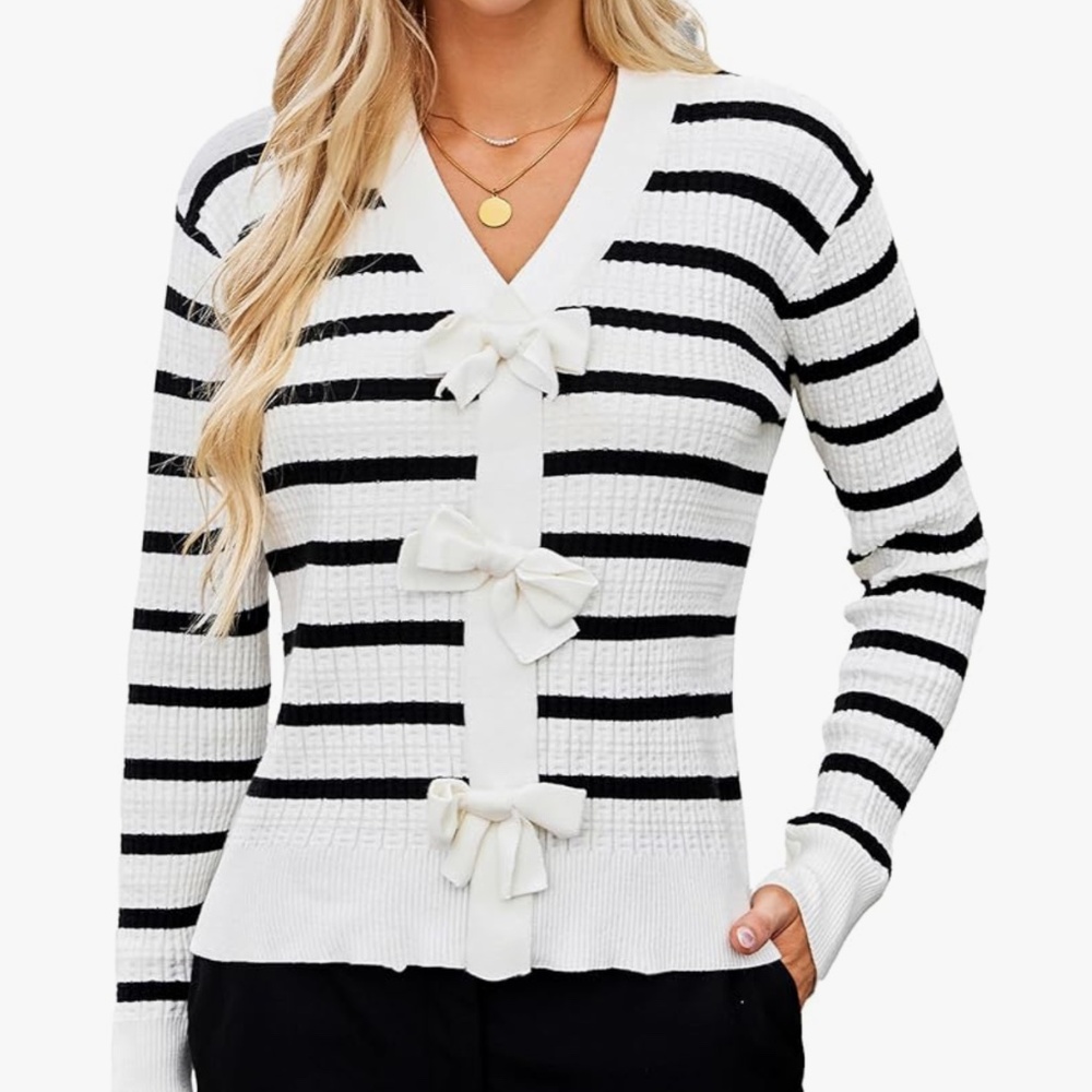 Blooming Jelly White and Black Bows Striped  Sweater NWOT